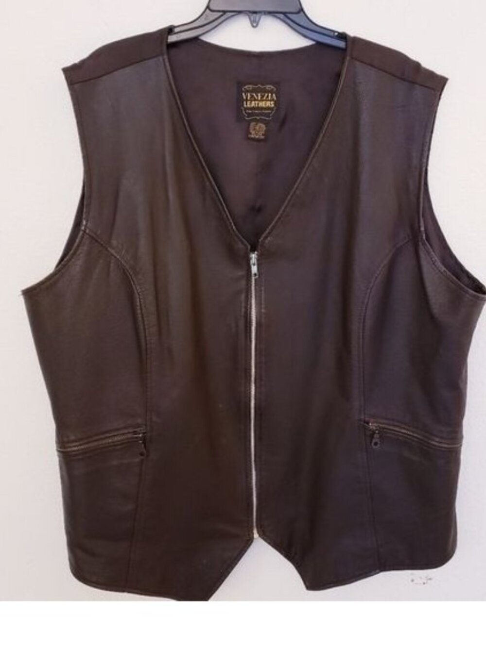 Vintage Venezia Genuine Leather Brown Zip Front Vest with Pockets Size 22/24 EUC